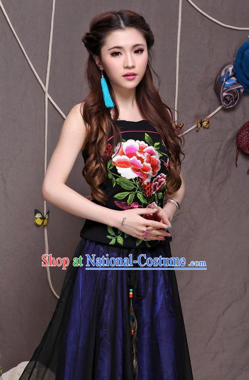 Traditional Ancient Chinese National Costume, Elegant Hanfu Halter Camisole Sleeveless Vests, China National Minority Tang Suit Black Embroidered Red Peony Waistcoat Upper Outer Garment Clothing for Women