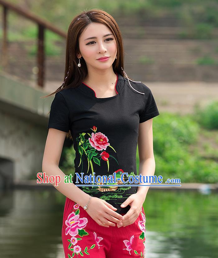 Traditional Ancient Chinese National Costume, Elegant Hanfu Round Collar T-Shirt, China Tang Suit Embroidered Mandarin Duck Peony Black Blouse Cheongsam Upper Outer Garment Shirts Clothing for Women