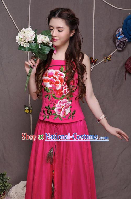 Traditional Ancient Chinese National Costume, Elegant Hanfu Halter Camisole Sleeveless Vests, China National Minority Tang Suit Pink Embroidered Peony Waistcoat Upper Outer Garment Clothing for Women