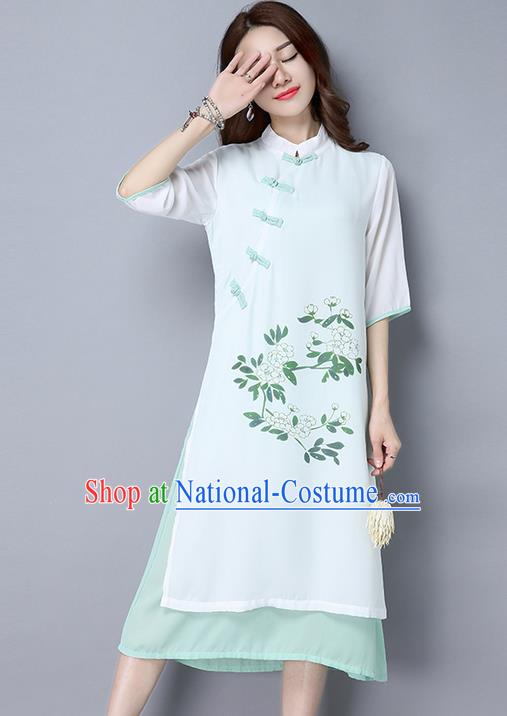 Traditional Ancient Chinese National Costume, Elegant Hanfu Hand Printing Stand Collar Dress, China Tang Suit Cheongsam Upper Outer Garment White Blue Elegant Dress Clothing for Women