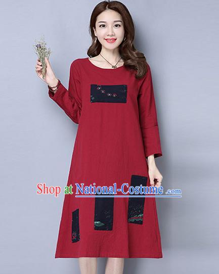 Traditional Ancient Chinese National Costume, Elegant Hanfu Hand Printing Linen Dress, China Tang Suit Cheongsam Upper Outer Garment Red Elegant Dress Clothing for Women