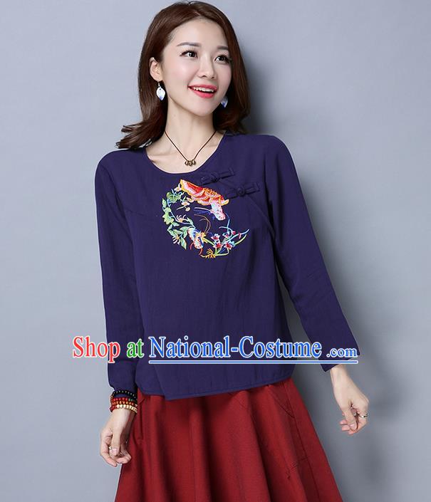 Traditional Ancient Chinese National Costume, Elegant Hanfu Plated Buttons Shirt, China Tang Suit Embroidered Flowers Navy Blouse Cheongsam Upper Outer Garment Shirts Clothing for Women