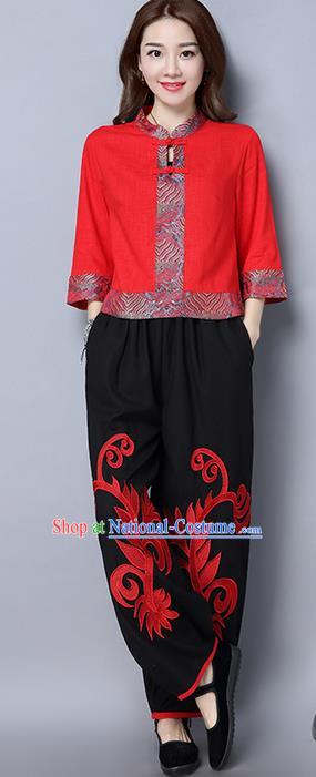 Traditional Ancient Chinese National Costume Loose Pants, Elegant Hanfu Embroidered Pants, China Tang Suit Linen Black Wide Leg Pants for Women