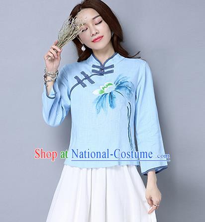 Traditional Ancient Chinese National Costume, Elegant Hanfu Plated Buttons Shirt, China Tang Suit Printing Blue Blouse Cheongsam Upper Outer Garment Qipao Shirts Clothing for Women