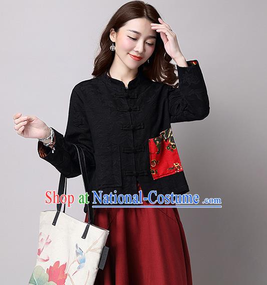 Traditional Ancient Chinese National Costume, Elegant Hanfu Coat, China Tang Suit Stand Collar Linen Coat, Upper Outer Garment Embroidered Black Jacket Clothing for Women