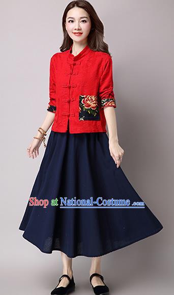 Traditional Ancient Chinese National Costume, Elegant Hanfu Coat, China Tang Suit Stand Collar Linen Coat, Upper Outer Garment Embroidered Red Jacket Clothing for Women