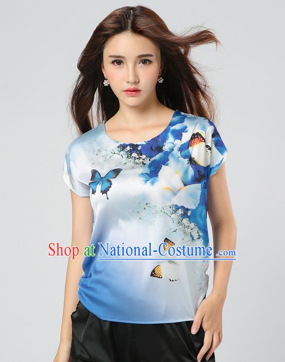 Traditional Ancient Chinese National Costume, Elegant Hanfu Mulberry Silk Shirt, China Tang Suit Silk Printing Butterfly Blue Blouse Cheongsam Upper Outer Garment Qipao Shirt Clothing for Women