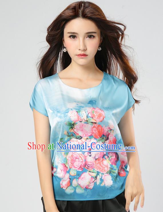 Traditional Ancient Chinese National Costume, Elegant Hanfu Mulberry Silk Shirt, China Tang Suit Silk Printing Flowers Blue Blouse Cheongsam Upper Outer Garment Qipao Shirt Clothing for Women