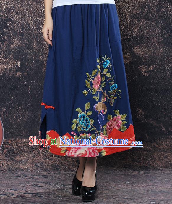 Traditional Ancient Chinese National Pleated Skirt Costume, Elegant Hanfu Embroidered Peony Big Swing Long Dress, China Tang Suit Cotton Navy Bust Skirt for Women