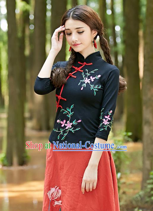 Traditional Ancient Chinese National Costume, Elegant Hanfu Plated Buttons Black Shirt, China Tang Suit Embroidery Plum Blossom Blouse Cheongsam Blouse Upper Outer Garment Shirt Clothing for Women