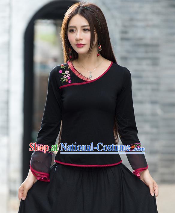 Traditional Ancient Chinese National Costume, Elegant Hanfu Embroidered T-Shirt, China Tang Suit Embroidered Mandarin Sleeve Blouse Cheongsam Upper Outer Garment Shirts Clothing for Women