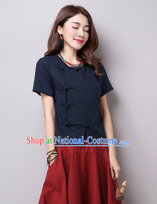 Traditional Ancient Chinese National Costume, Elegant Hanfu Plated Buttons T-Shirt, China Tang Suit Navy Blouse Cheongsam Upper Outer Garment Shirts Clothing for Women