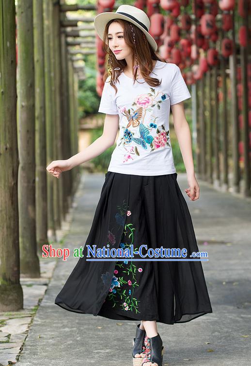 Traditional Ancient Chinese National Costume Loose Pants, Elegant Hanfu Embroidering Flower Black Pants, China Tang Suit Linen Wide Leg Pants for Women