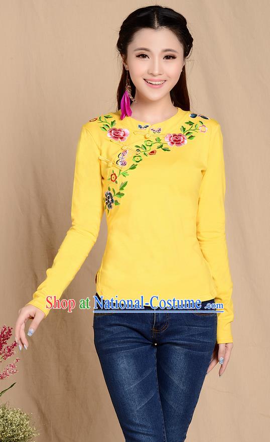 Traditional Ancient Chinese National Costume, Elegant Hanfu Plated Buttons Stand Collar Embroidered Shirt, China Tang Suit Embroidering Flower Yellow Blouse Cheongsam Upper Outer Garment Shirts Clothing for Women