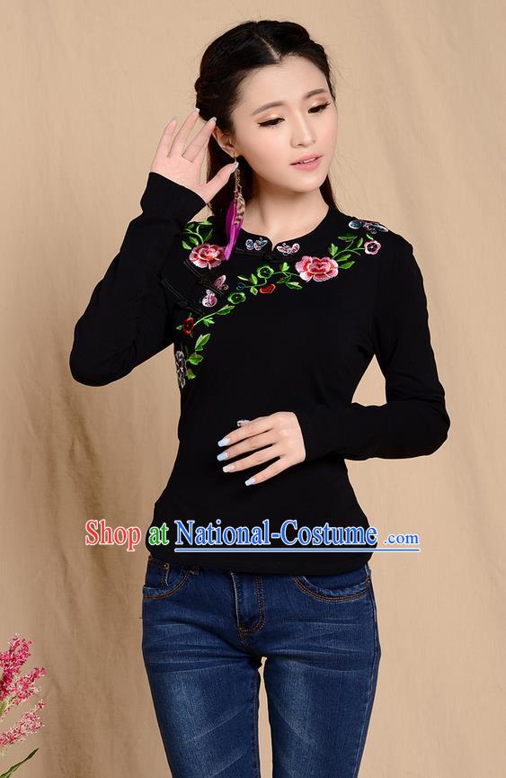 Traditional Ancient Chinese National Costume, Elegant Hanfu Plated Buttons Stand Collar Embroidered Shirt, China Tang Suit Embroidering Flower Black Blouse Cheongsam Upper Outer Garment Shirts Clothing for Women