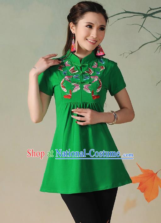 Traditional Ancient Chinese National Costume, Elegant Hanfu Embroidered Butterfly Stand Collar T-Shirt, China Tang Suit Green Blouse Cheongsam Upper Outer Garment Qipao Shirts Clothing for Women