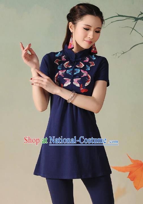 Traditional Ancient Chinese National Costume, Elegant Hanfu Embroidered Butterfly Stand Collar T-Shirt, China Tang Suit Navy Blouse Cheongsam Upper Outer Garment Qipao Shirts Clothing for Women