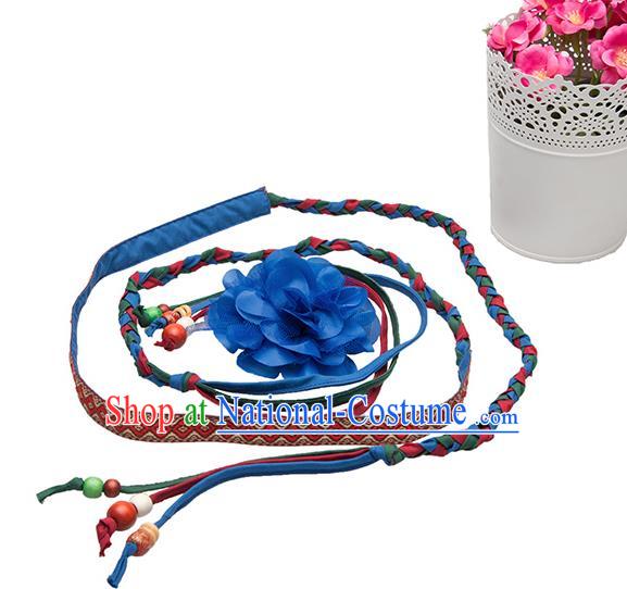 Traditional Chinese National Crafts Female Waistband, Handmade Blue Flowers Embroidery Belt Accessories Pendant for Women