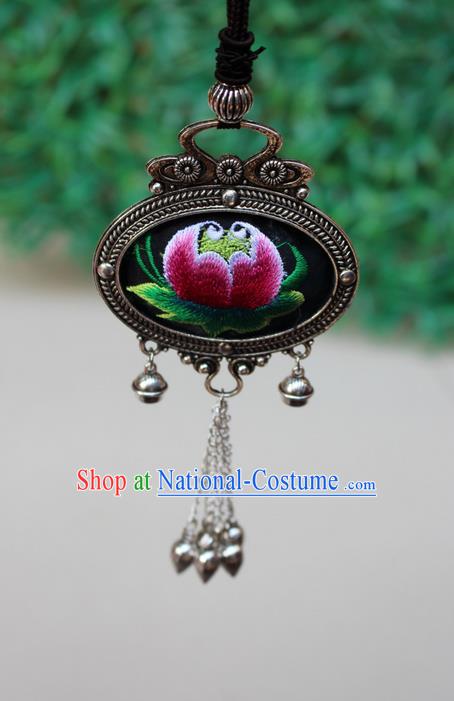 Traditional Chinese Miao Nationality Crafts Jewelry Accessory, Hmong Handmade Miao Silver Bells Tassel Double Side Embroidery Flowers Pendant, Miao Ethnic Minority Bells Necklace Accessories Sweater Chain Pendant for Women