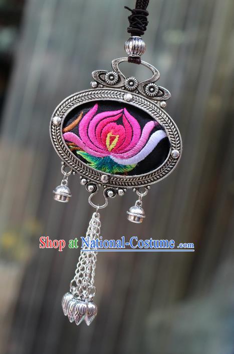 Traditional Chinese Miao Nationality Crafts Jewelry Accessory, Hmong Handmade Miao Silver Bells Tassel Double Side Embroidery Flowers Pendant, Miao Ethnic Minority Bells Necklace Accessories Sweater Chain Pendant for Women