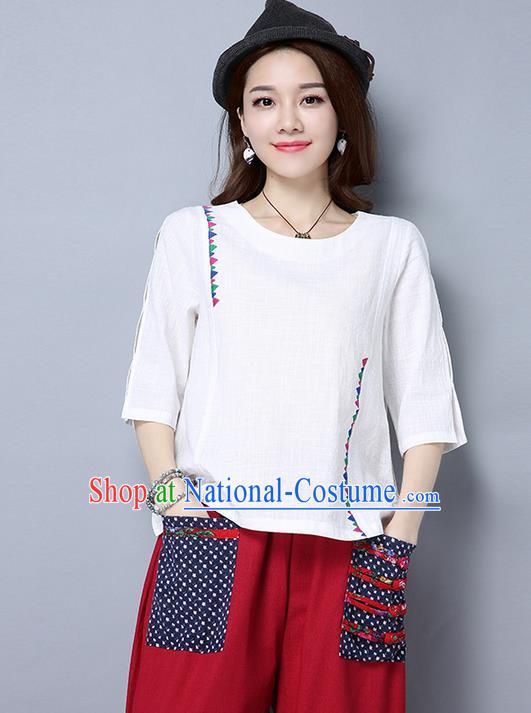 Traditional Ancient Chinese National Costume, Elegant Hanfu Embroidered T-Shirt, China Tang Suit Embroidered White Blouse Cheongsam Upper Outer Garment Qipao Shirts Clothing for Women