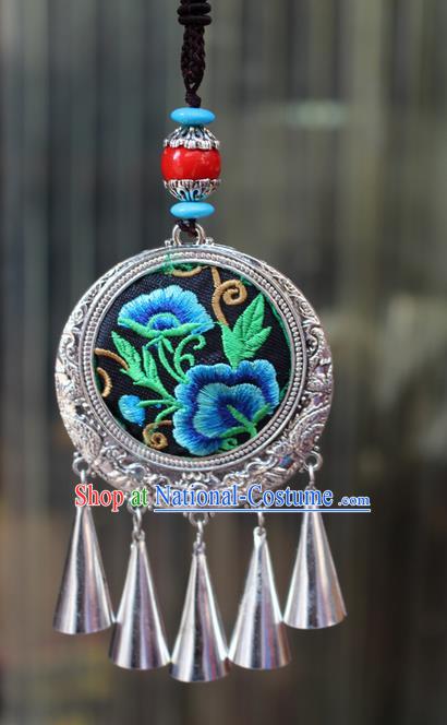 Traditional Chinese Miao Nationality Crafts Jewelry Accessory, Hmong Handmade Miao Silver Tassel Double Side Embroidery Flowers Pendant, Miao Ethnic Minority Bells Black Rope Necklace Accessories Sweater Chain Pendant for Women