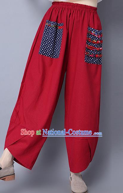 Traditional Ancient Chinese National Costume Loose Pants, Elegant Hanfu Plated Buttons Pants, China Tang Suit Red Wide Leg Pants for Women