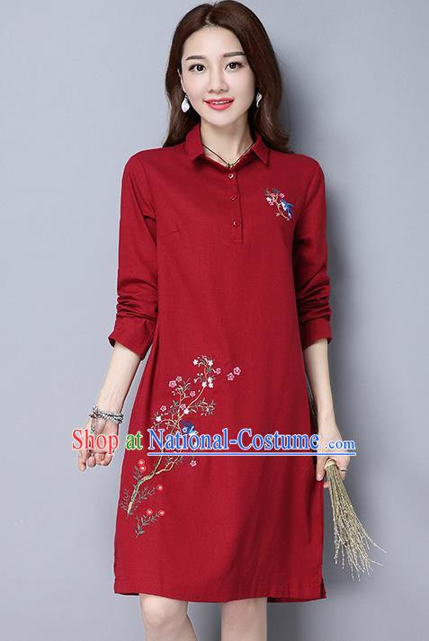 Traditional Ancient Chinese National Costume, Elegant Hanfu Hand Embroidered Dress, China Tang Suit Embroidered Cheongsam Upper Outer Garment Elegant Red Dress Clothing for Women