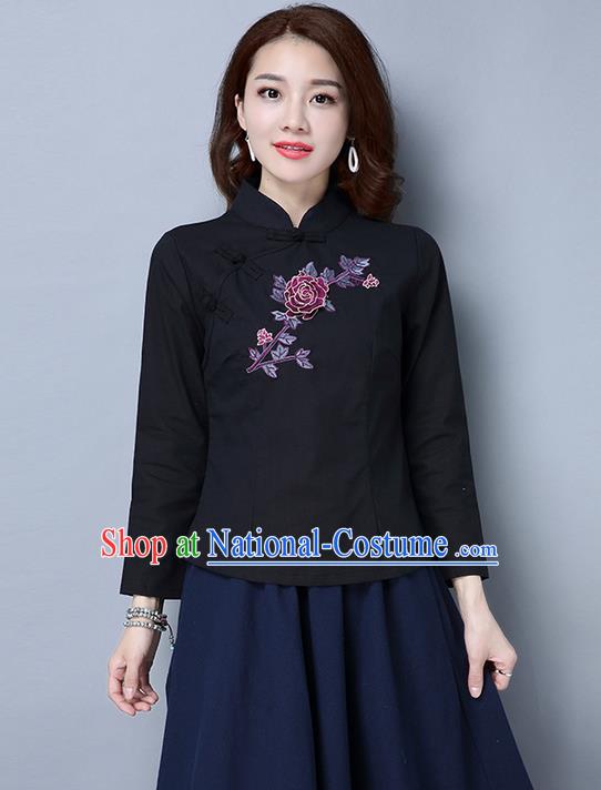 Traditional Ancient Chinese National Costume, Elegant Hanfu Embroidered Plated Buttons Shirt, China Tang Suit Embroidered Peony Black Blouse Cheongsam Upper Outer Garment Qipao Shirts Clothing for Women