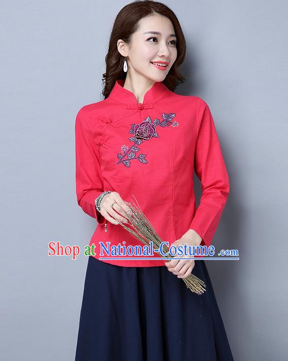 Traditional Ancient Chinese National Costume, Elegant Hanfu Embroidered Plated Buttons Shirt, China Tang Suit Embroidered Peony Red Blouse Cheongsam Upper Outer Garment Qipao Shirts Clothing for Women