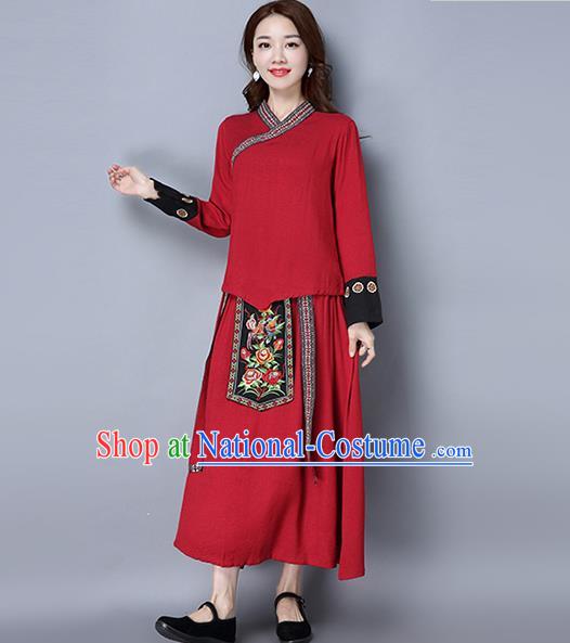 Traditional Ancient Chinese Ancient Costume, Elegant Hanfu Clothing Red Embroidered Blouse and Skirt, China Tang Dynasty Folk Dance Blouse and Skirt Complete Set for Women