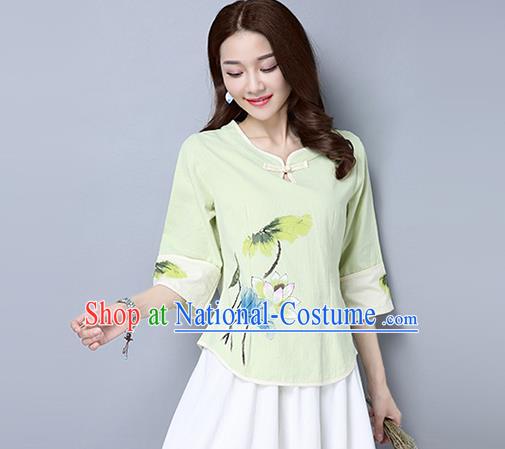 Traditional Ancient Chinese National Costume, Elegant Hanfu Painting Lotus T-Shirt, China Tang Suit Green Blouse Cheongsam Upper Outer Garment Qipao Shirts Clothing for Women