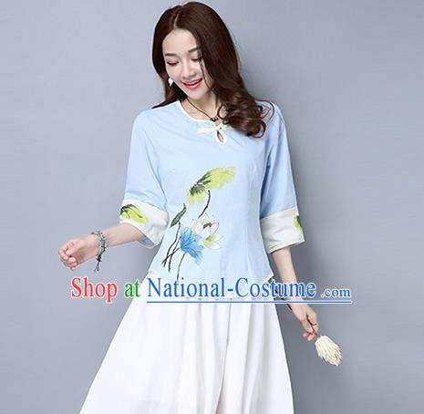 Traditional Ancient Chinese National Costume, Elegant Hanfu Painting Lotus T-Shirt, China Tang Suit Blue Blouse Cheongsam Upper Outer Garment Qipao Shirts Clothing for Women