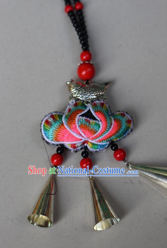 Traditional Chinese Miao Nationality Crafts Jewelry Accessory, Hmong Handmade Bells Tassel Double Side Embroidery Lotus Pendant, Miao Ethnic Minority Bells Necklace Accessories Sweater Chain Pendant for Women