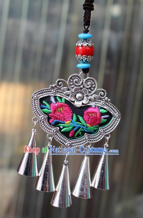 Traditional Chinese Miao Nationality Crafts Jewelry Accessory, Hmong Handmade Miao Silver Bells Tassel Double Side Embroidery Flowers Pendant, Miao Ethnic Minority Bells Black Rope Necklace Accessories Sweater Chain Pendant for Women