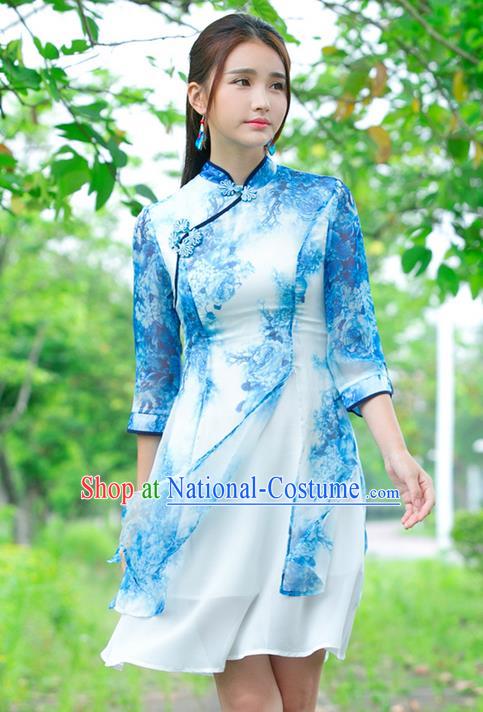 Traditional Ancient Chinese National Costume, Elegant Hanfu Plated Buttons Chiffon Printing Dress, China Tang Suit Cheongsam Upper Outer Garment Blue Dress Clothing for Women