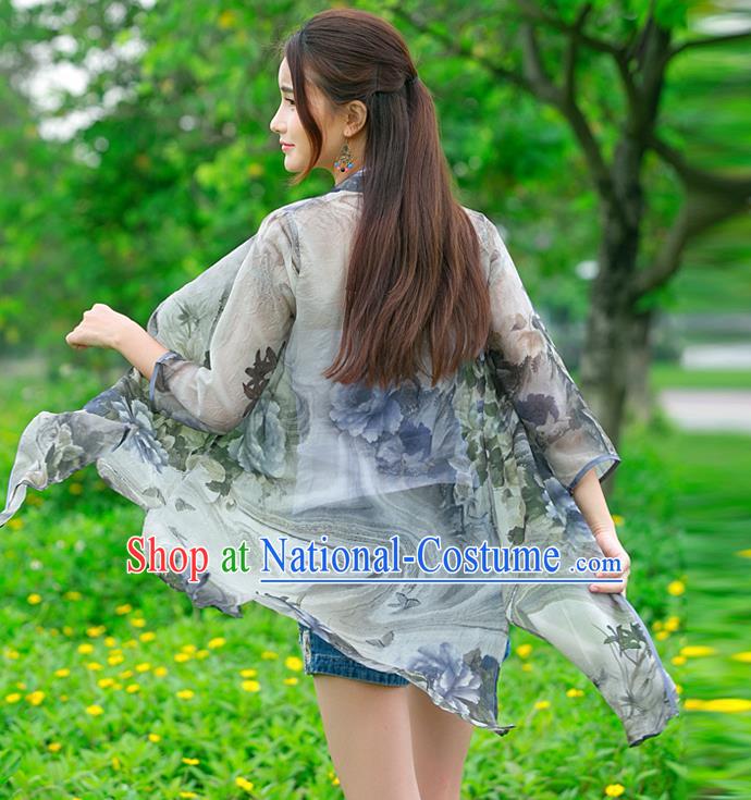 Traditional Ancient Chinese National Costume, Elegant Hanfu Chiffon Cardigan Coat, China Tang Suit Plated Buttons Cape, Upper Outer Garment Grey Dust Coat Cloak Clothing for Women