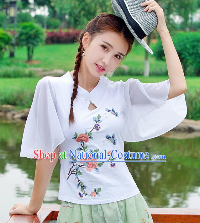 Traditional Ancient Chinese National Costume, Elegant Hanfu Embroidered Butterfly Flowers White T-Shirt, China Tang Suit Embroidered Chiffon Blouse Cheongsam Upper Outer Garment Qipao Shirts Clothing for Women