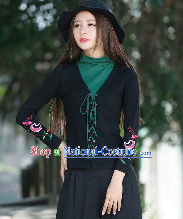 Traditional Ancient Chinese National Costume, Elegant Hanfu Bandage Qipao T-Shirt, China Tang Suit Embroidered Blouse Cheongsam Upper Outer Garment Shirts Clothing for Women