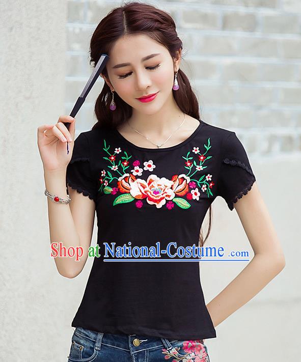 Traditional Ancient Chinese National Costume, Elegant Hanfu Short Sleeve T-Shirt, China Tang Suit Embroidered Peony Black Blouse Cheongsam Upper Outer Garment Shirts Clothing for Women