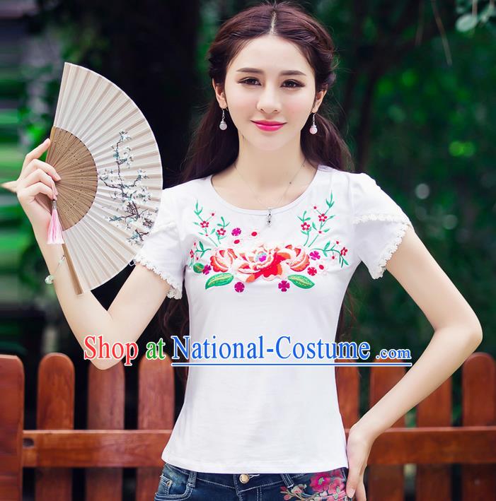 Traditional Ancient Chinese National Costume, Elegant Hanfu Short Sleeve T-Shirt, China Tang Suit Embroidered Peony White Blouse Cheongsam Upper Outer Garment Shirts Clothing for Women