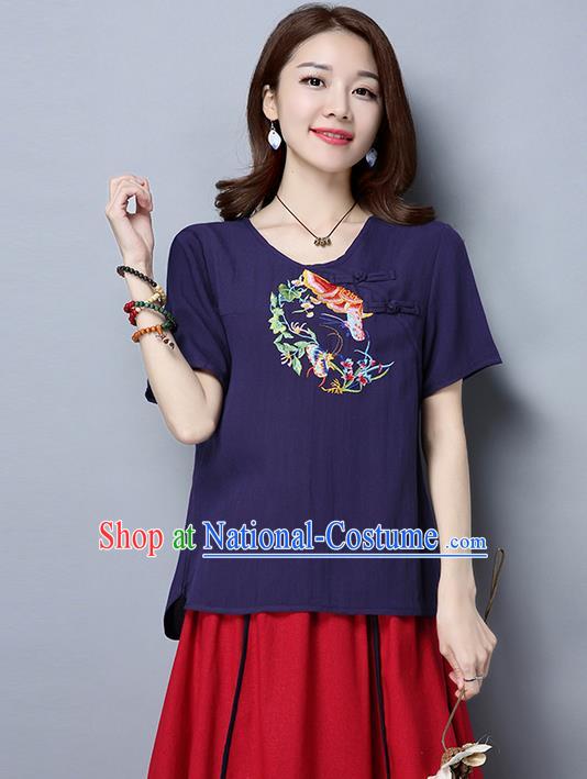 Traditional Ancient Chinese National Costume, Elegant Hanfu Short Sleeve Plated Buttons T-Shirt, China Tang Suit Embroidered Navy Blouse Cheongsam Upper Outer Garment Shirts Clothing for Women