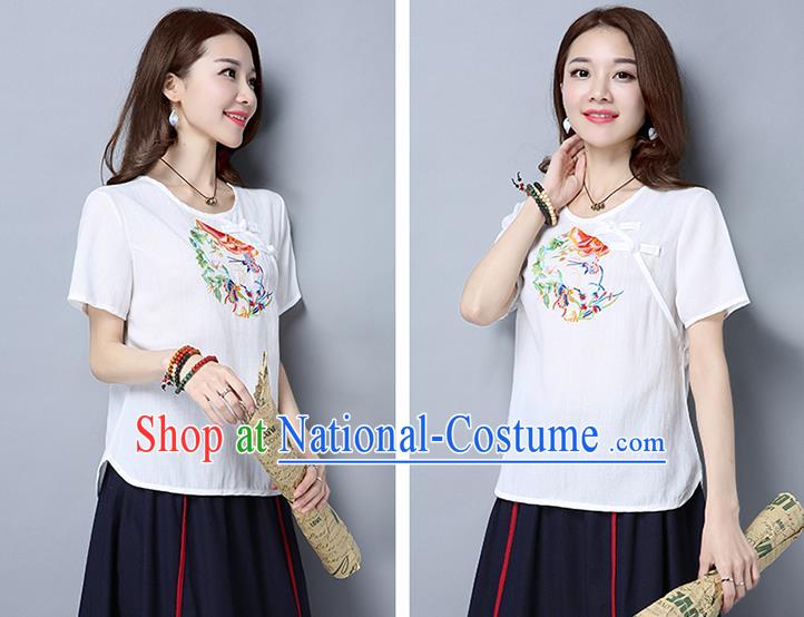 Traditional Ancient Chinese National Costume, Elegant Hanfu Short Sleeve Plated Buttons T-Shirt, China Tang Suit Embroidered White Blouse Cheongsam Upper Outer Garment Shirts Clothing for Women