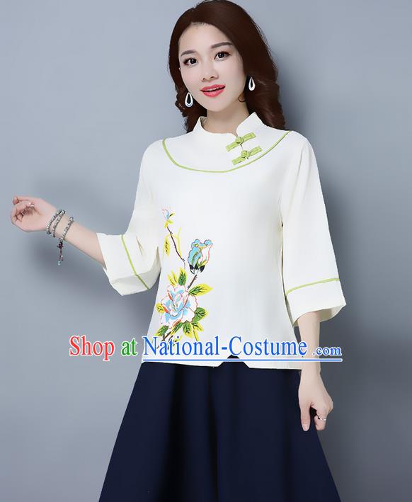 Traditional Ancient Chinese National Costume, Elegant Hanfu Stand Collar Plated Buttons Qipao T-Shirt, China Tang Suit Embroidered Beige Blouse Cheongsam Upper Outer Garment Shirts Clothing for Women