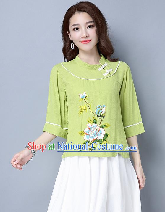 Traditional Ancient Chinese National Costume, Elegant Hanfu Stand Collar Plated Buttons Qipao T-Shirt, China Tang Suit Embroidered Green Blouse Cheongsam Upper Outer Garment Shirts Clothing for Women