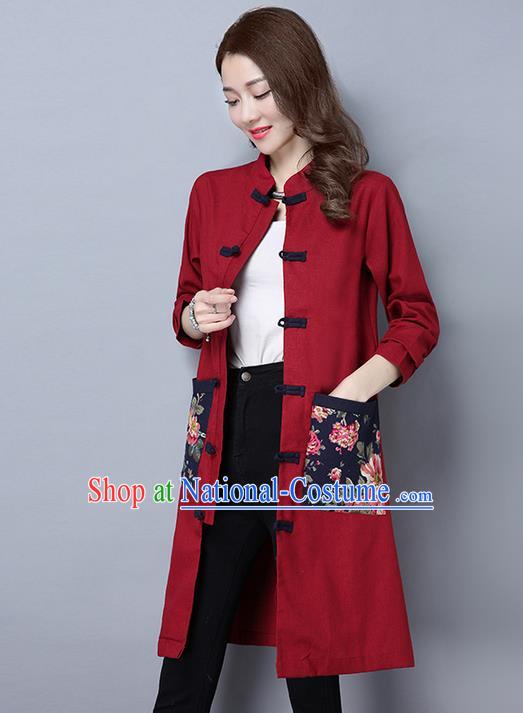 Traditional Ancient Chinese National Costume, Elegant Hanfu Long Coat, China Tang Suit Plated Buttons Coats, Upper Outer Garment Red Dust Coat Clothing for Women