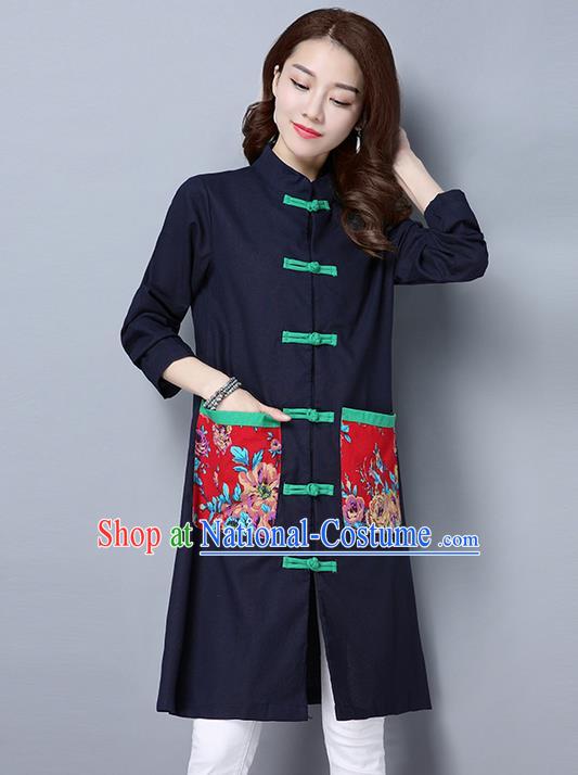 Traditional Ancient Chinese National Costume, Elegant Hanfu Long Coat, China Tang Suit Plated Buttons Coats, Upper Outer Garment Navy Dust Coat Clothing for Women