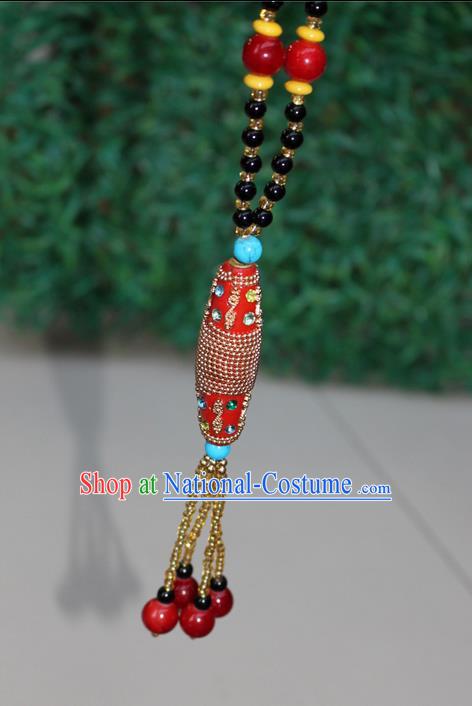 Traditional Chinese Miao Nationality Crafts Jewelry Accessory, Hmong Handmade Black Beads Tassel Red Pendant, Miao Ethnic Minority Necklace Accessories Sweater Chain Pendant for Women