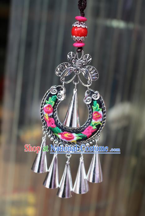 Traditional Chinese Miao Nationality Crafts Jewelry Accessory, Hmong Handmade Miao Silver Bells Tassel Double Side Embroidery Flowers Pendant, Miao Ethnic Minority Bells Black Rope Necklace Accessories Sweater Chain Pendant for Women