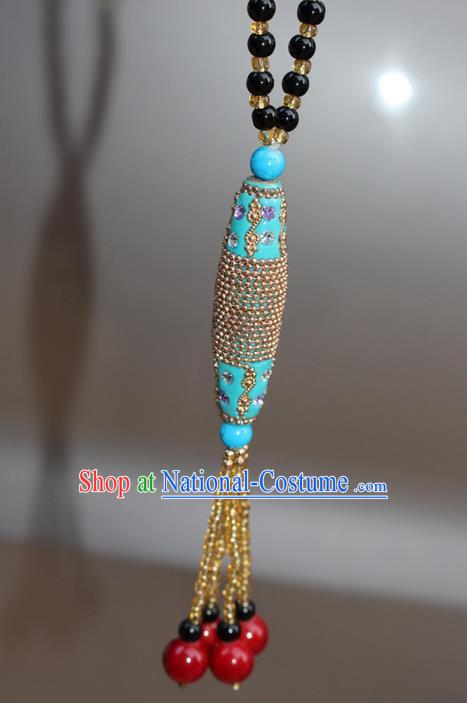 Traditional Chinese Miao Nationality Crafts Jewelry Accessory, Hmong Handmade Black Beads Tassel Blue Pendant, Miao Ethnic Minority Necklace Accessories Sweater Chain Pendant for Women